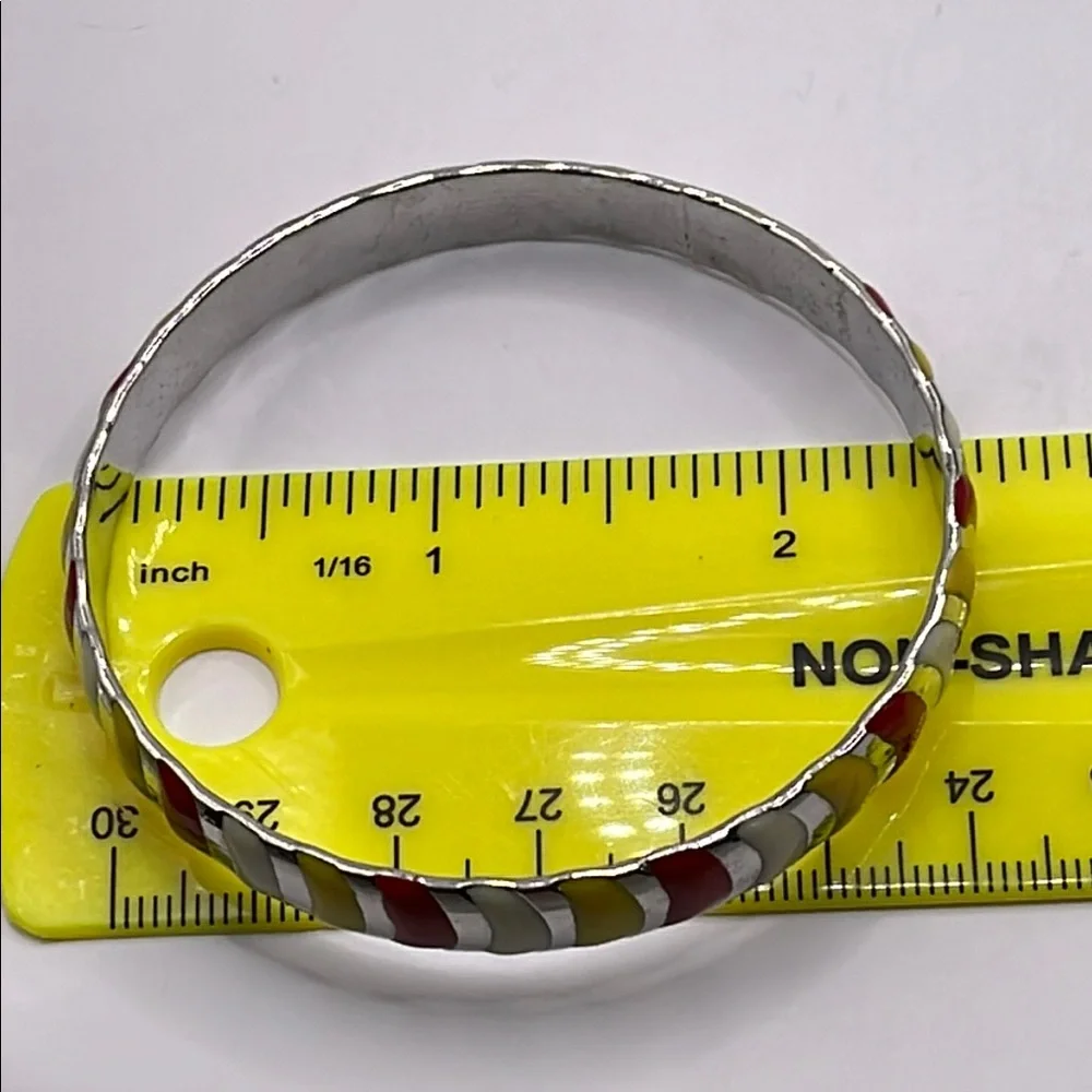 Vintage striped enamel Colorful Silvertone Bangle Bracelet yellow red cream